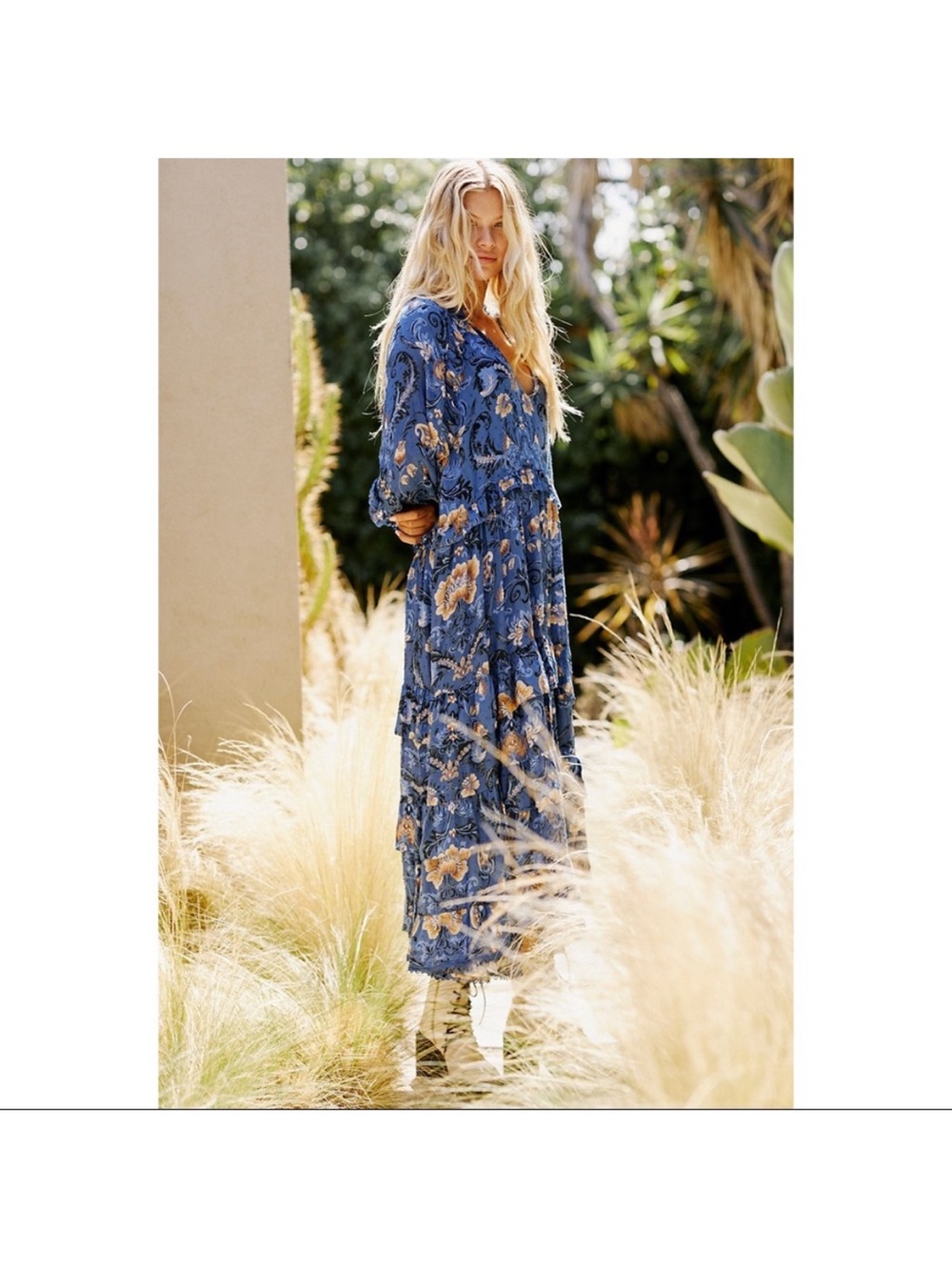 Spell Aurora Bohemian Blue Floral Maxi Dress - Lightweight Tiered V-Neck